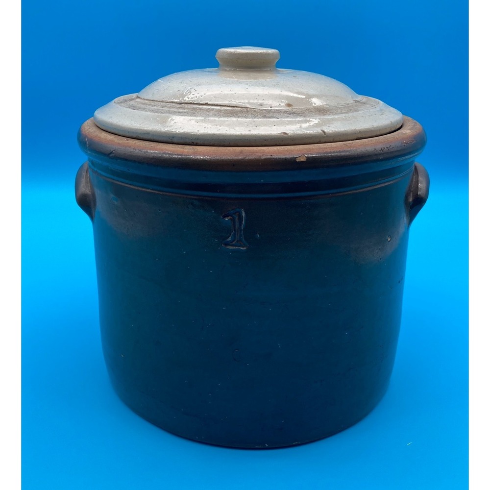 Antique Vintage 1 Gallon Stoneware Crock with Lid Brown Glaze Primitive